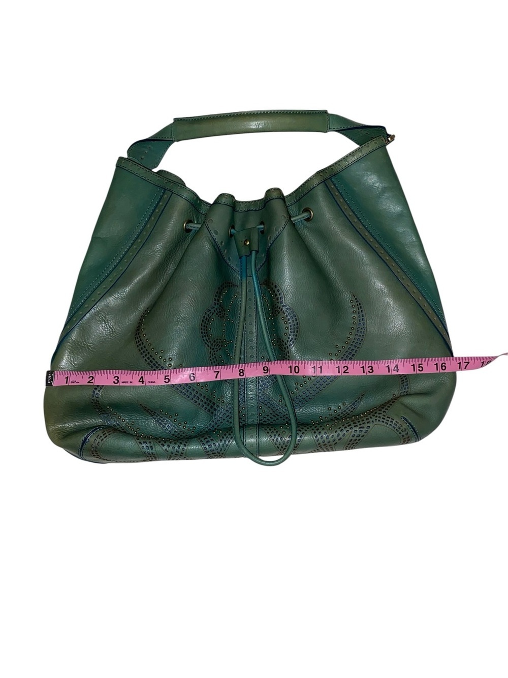 Y2K Vintage Cole Haan Teal Leather Drawstring brass studded Hobo Bag Boho fairy - Picture 11 of 13